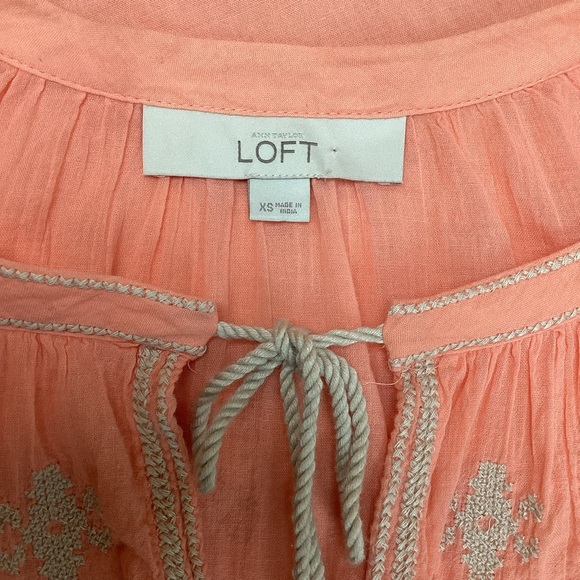 Ann Taylor Loft Embroidered Tie Blouse Orange BOHO Peasant Cottage Core Hippy - Picture 9 of 13